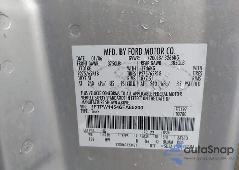 2006 Ford F-150 Fx4/Lariat/Xlt из США, поврежденный, VIN 1FTPW14546FA85200